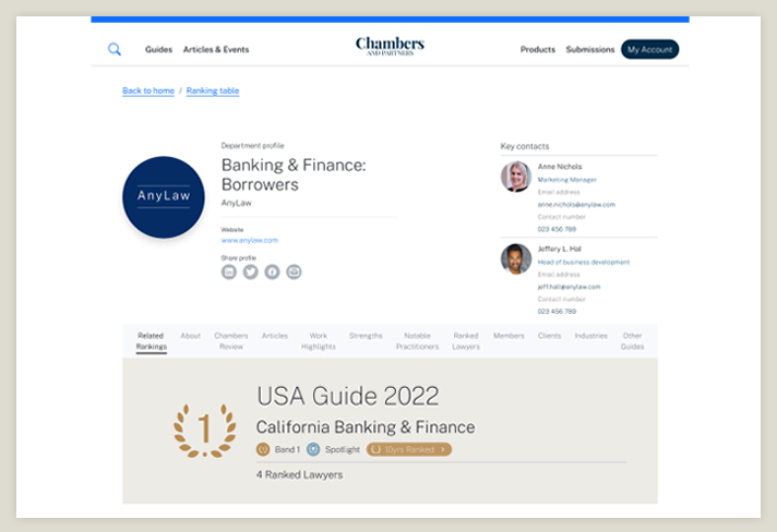 A ranked law firm profile screen | Chambers and Partners